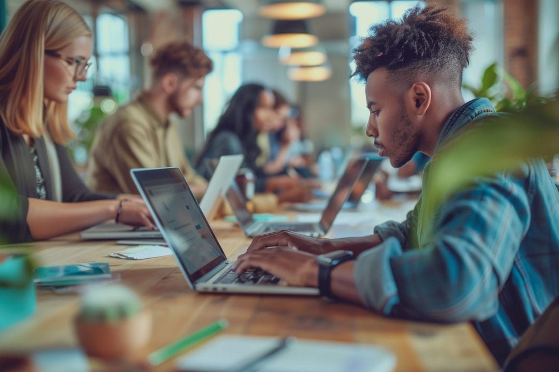 people sitting at long table working on laptops